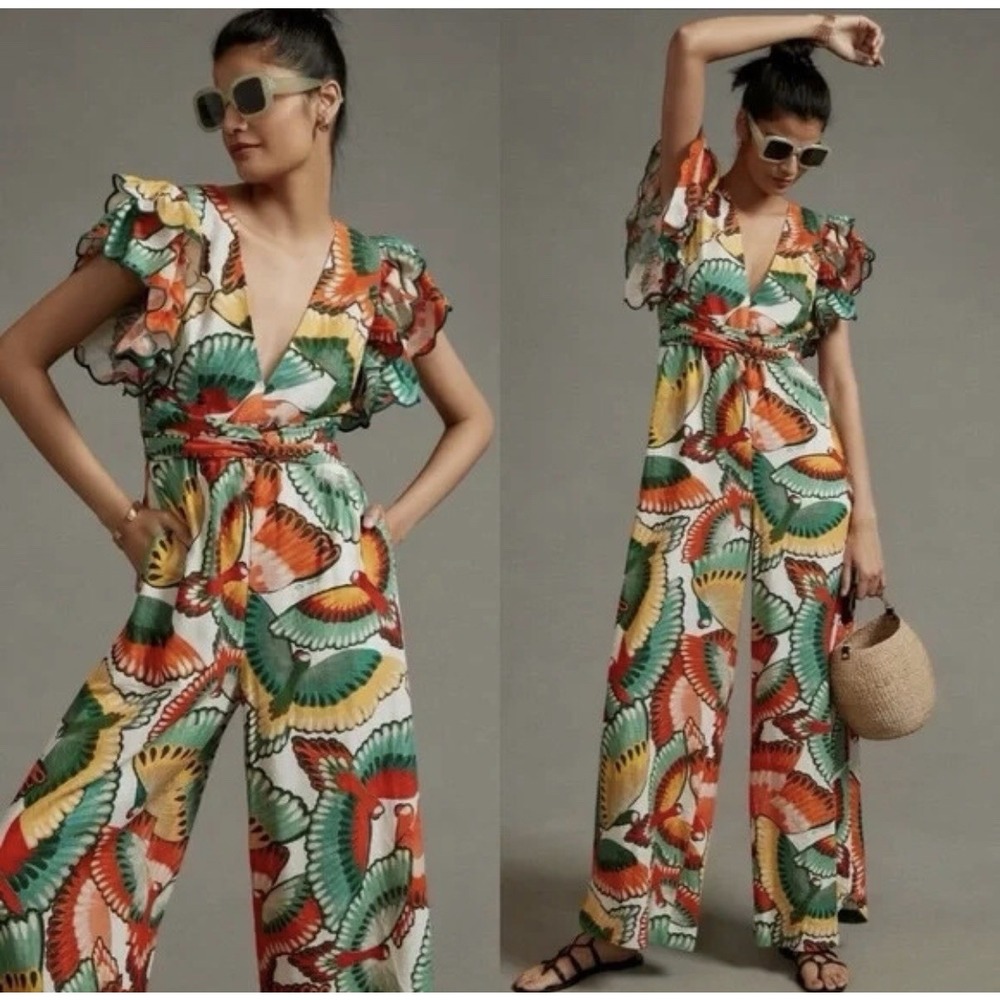 Farm Rio New Anthropologie Ruffle-Sleeve Linen Jumpsuit Size L - Picture 3 of 16